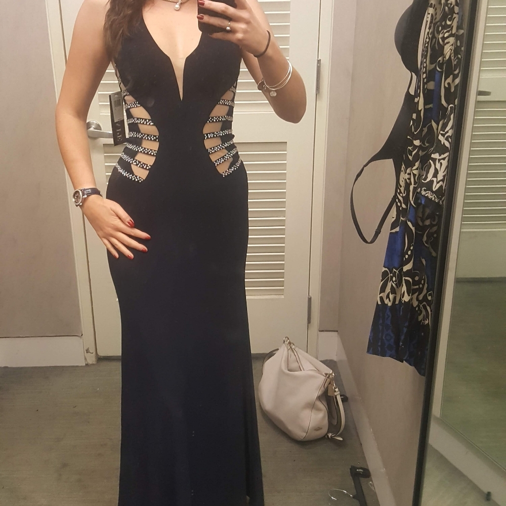 Navy blue and nude full length jewel bodice gown